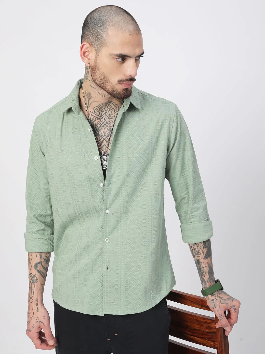 Premium Cotton Sage Green Embroidered Shirt - Image 2