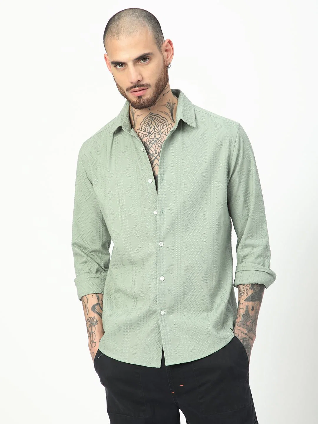 Premium Cotton Sage Green Embroidered Shirt - Image 4