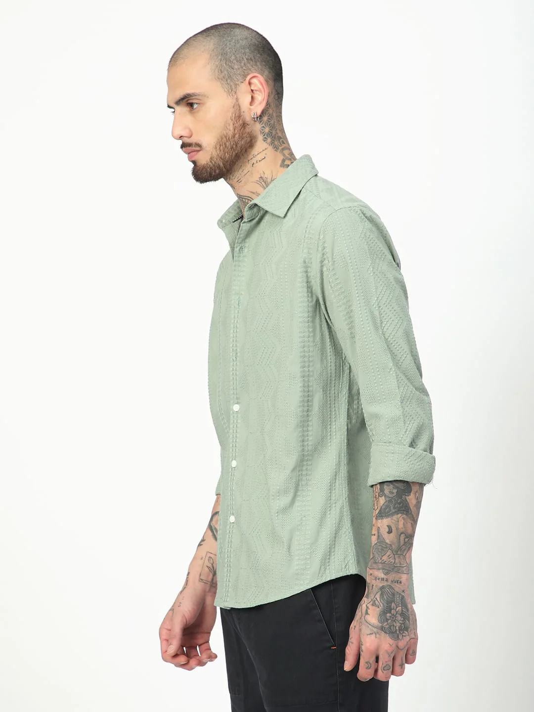 Premium Cotton Sage Green Embroidered Shirt - Image 5