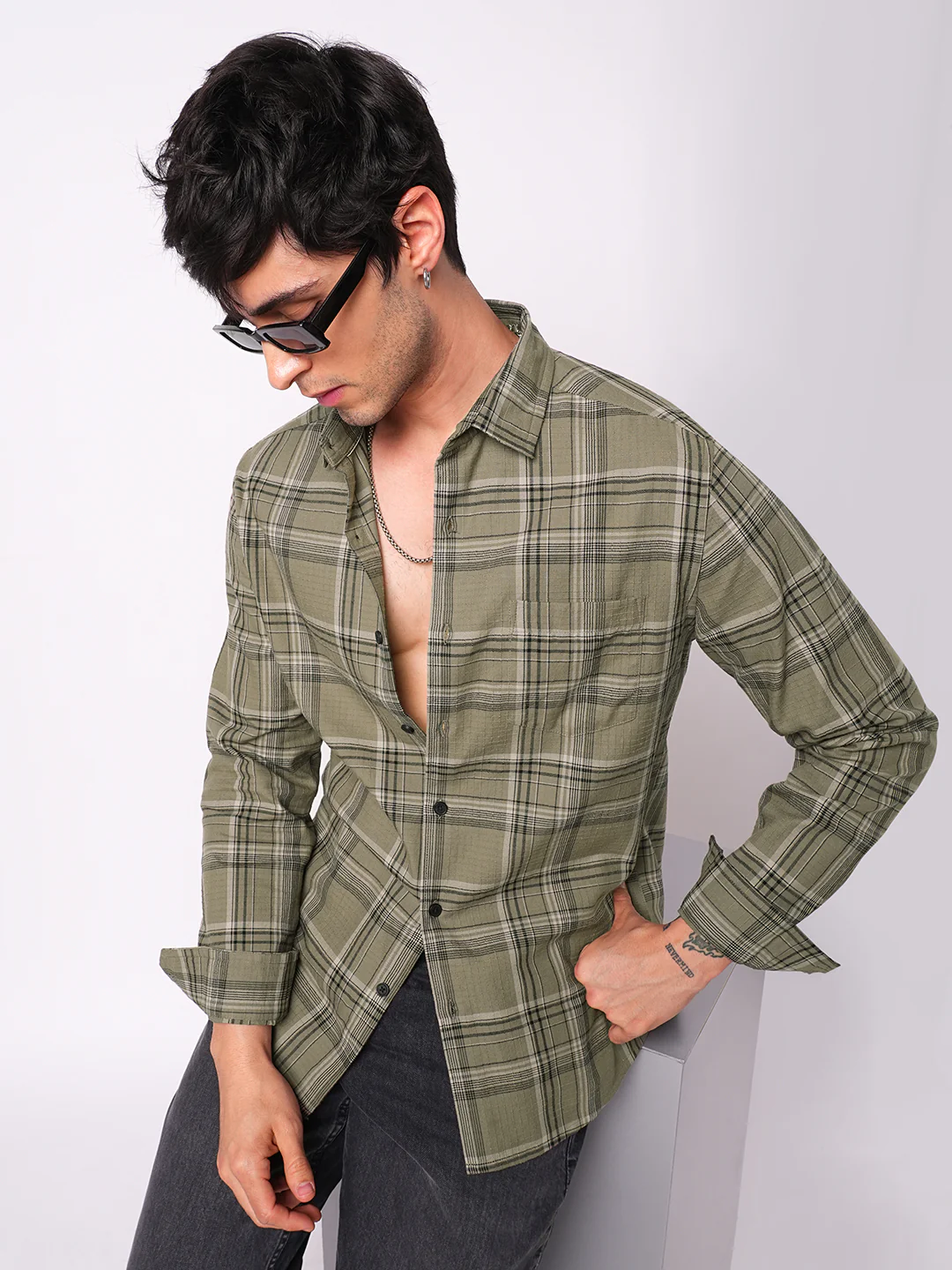 Premium Cotton Spiffy Olive & Black Tartan Checks Shirt - Image 2