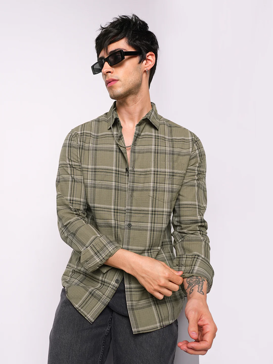 Premium Cotton Spiffy Olive & Black Tartan Checks Shirt - Image 4