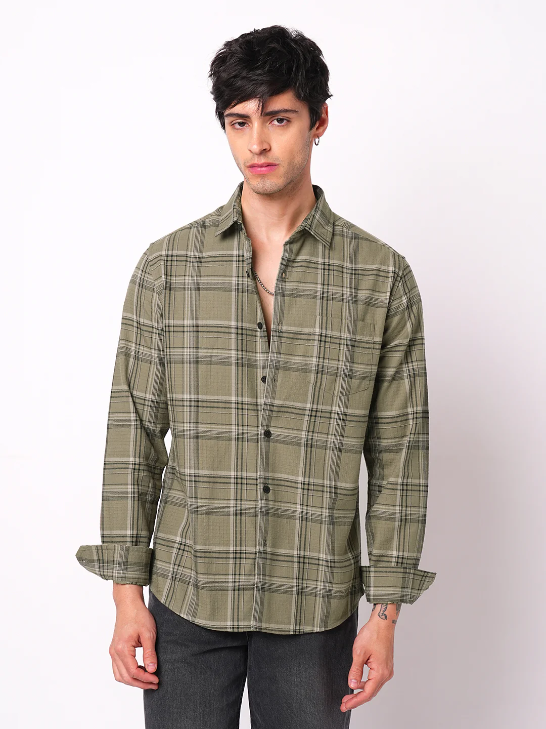 Premium Cotton Spiffy Olive & Black Tartan Checks Shirt - Image 5