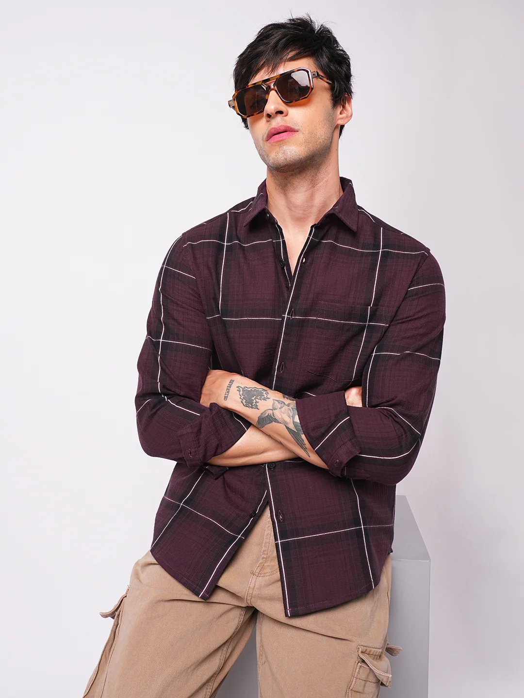 Premium Cotton Sumptuous Wine Windowpane Checks Textured Shirt - Image 2