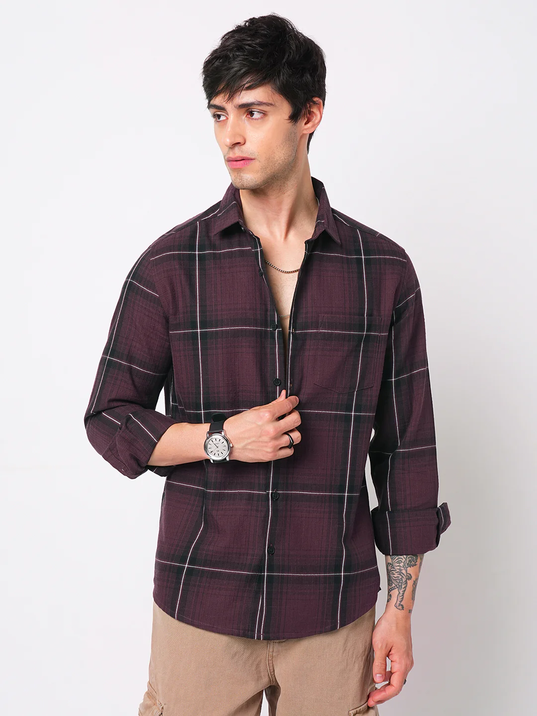 Premium Cotton Sumptuous Wine Windowpane Checks Textured Shirt - Image 4