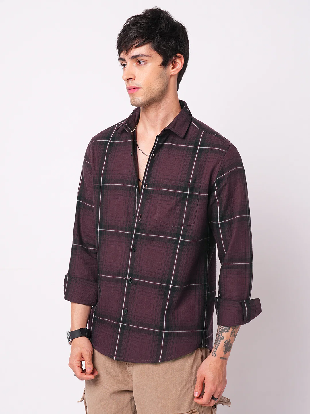 Premium Cotton Sumptuous Wine Windowpane Checks Textured Shirt - Image 5
