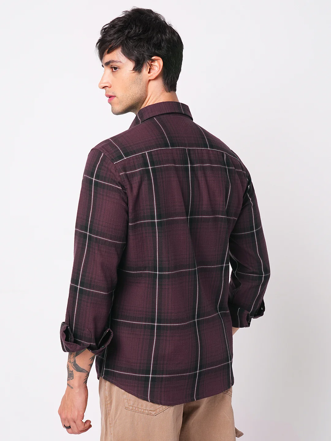 Premium Cotton Sumptuous Wine Windowpane Checks Textured Shirt - Image 6
