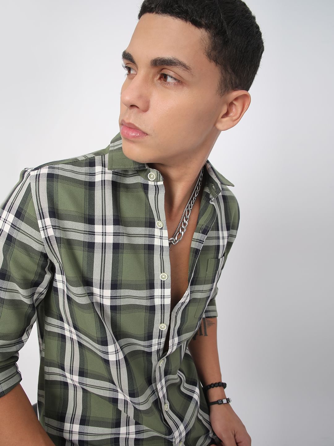 Premium Cotton Timeless Broad Square Olive Checks Shirt - Image 3