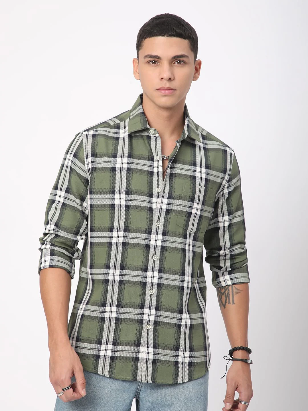 Premium Cotton Timeless Broad Square Olive Checks Shirt - Image 5