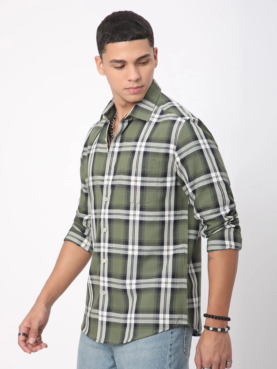 Premium Cotton Timeless Broad Square Olive Checks Shirt - Image 6