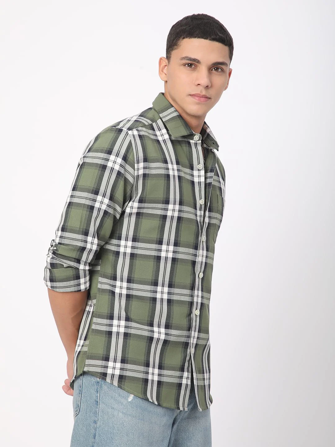 Premium Cotton Timeless Broad Square Olive Checks Shirt - Image 7