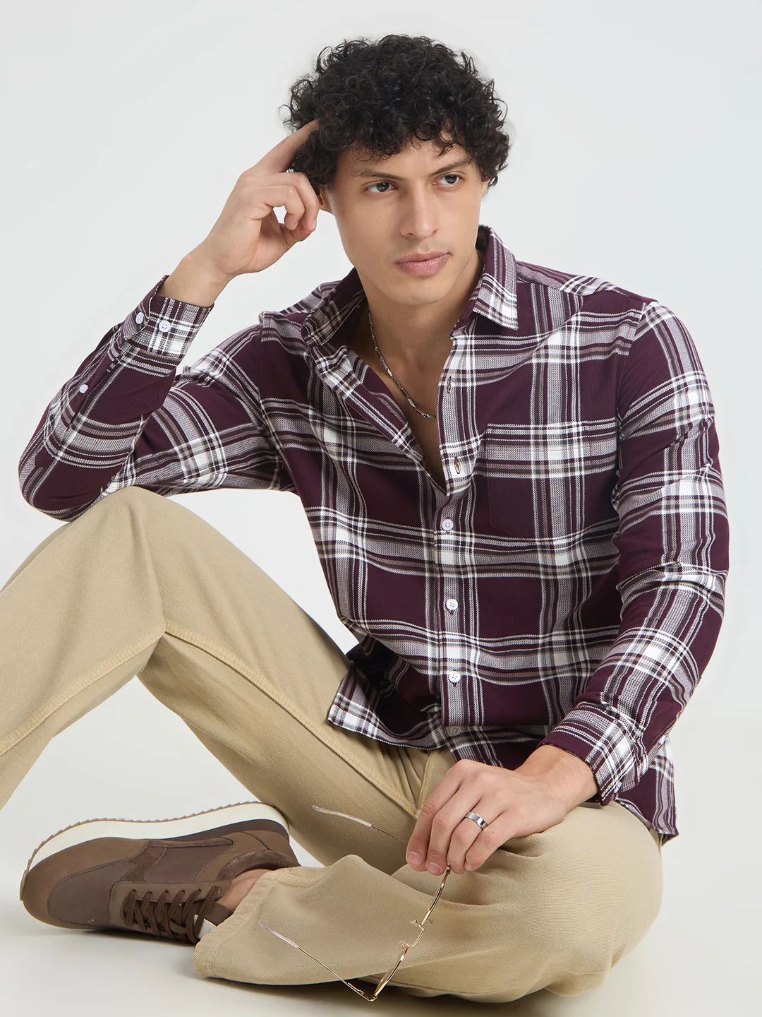 Premium Cotton Vintage Deep Wine Plaid Checks Shirt - Image 2
