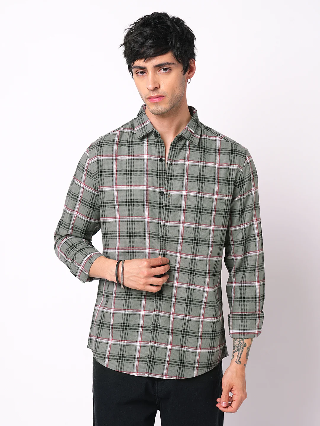 Premium Cotton Warm Grey Tartan Checks Shirt - Image 5