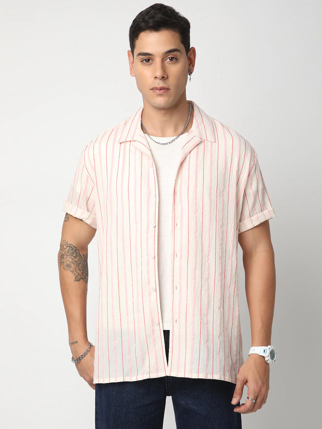 Premium Cotton White & Pink Dobby Striped Oversized Shirt - Image 4