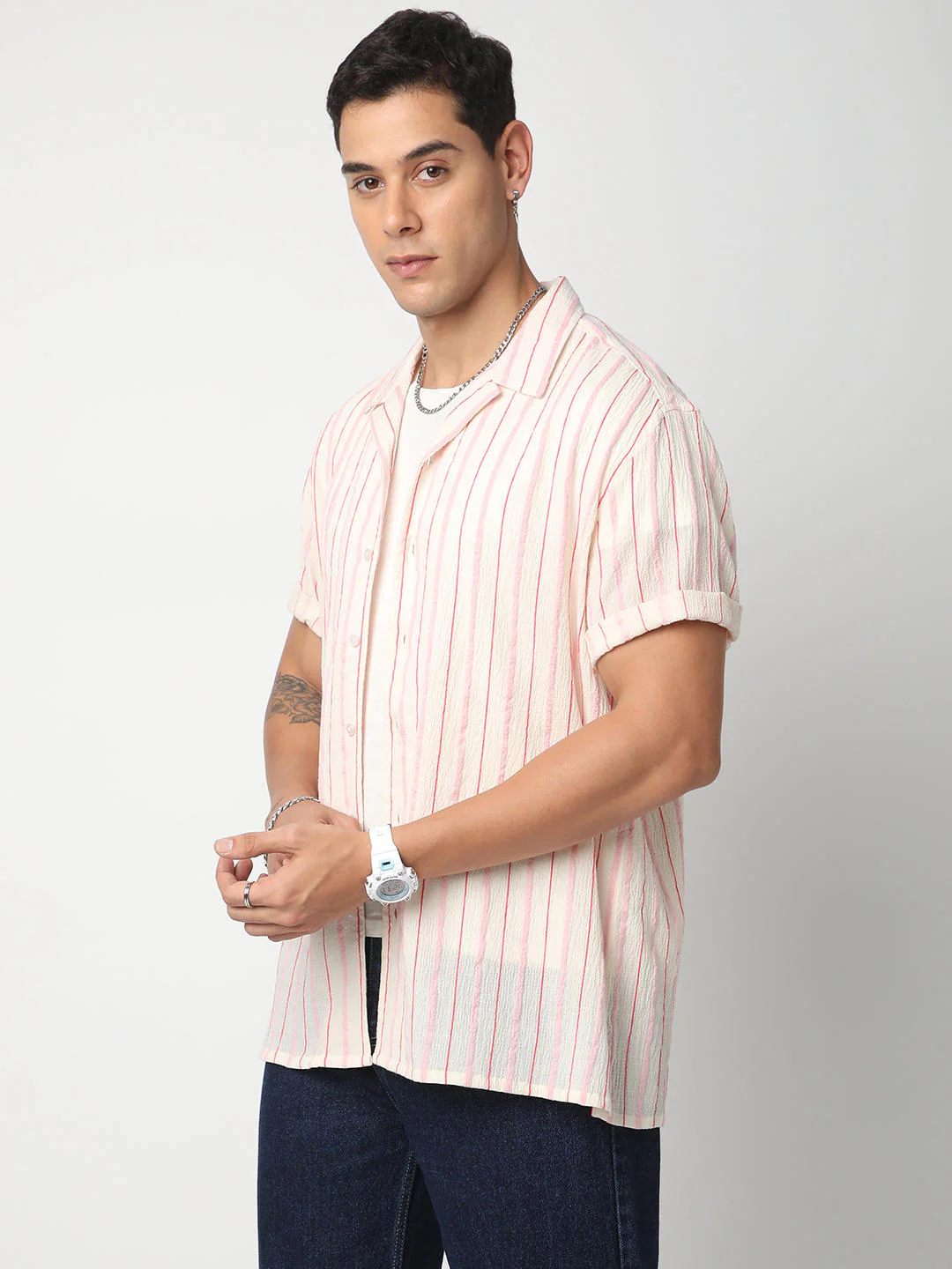 Premium Cotton White & Pink Dobby Striped Oversized Shirt - Image 5