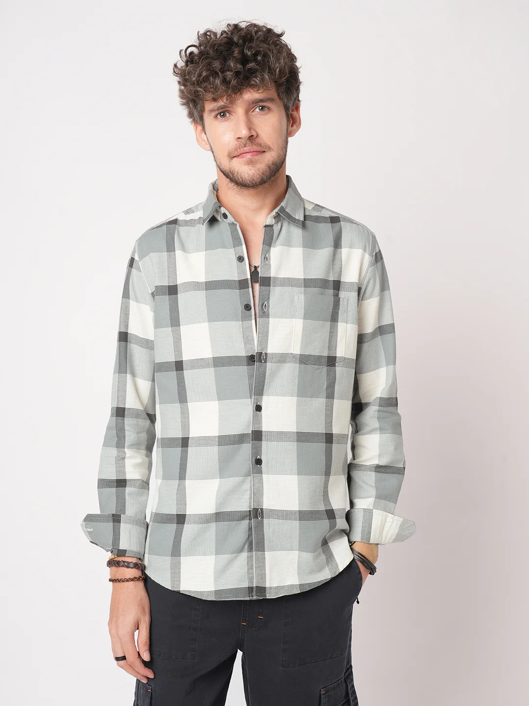 Premium Cotton White & Gradient Grey Minimalist Checks Shirt - Image 4