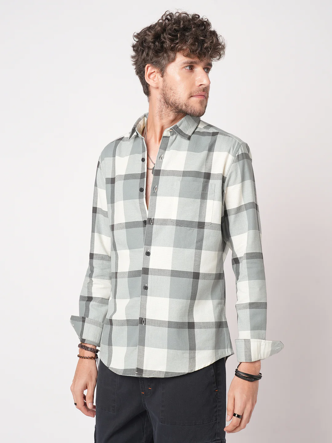 Premium Cotton White & Gradient Grey Minimalist Checks Shirt - Image 5