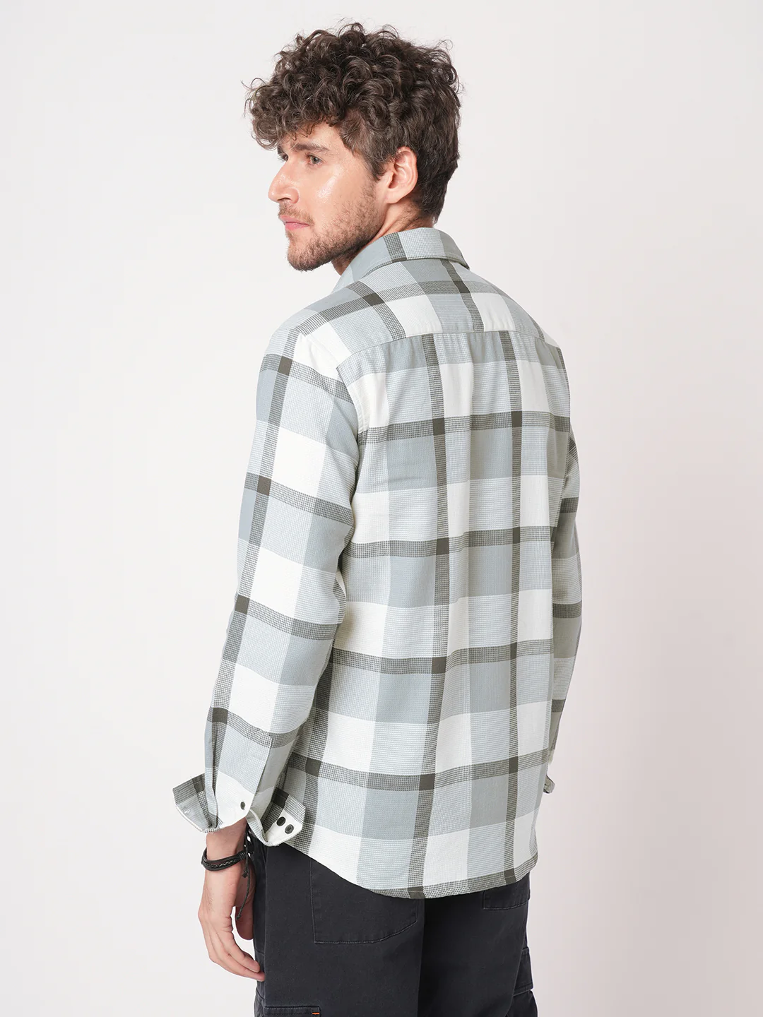 Premium Cotton White & Gradient Grey Minimalist Checks Shirt - Image 6