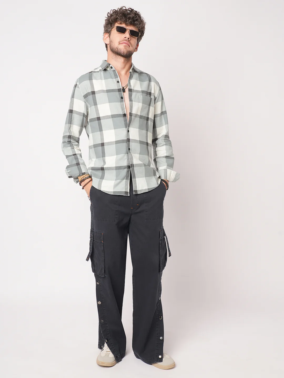 Premium Cotton White & Gradient Grey Minimalist Checks Shirt - Image 7