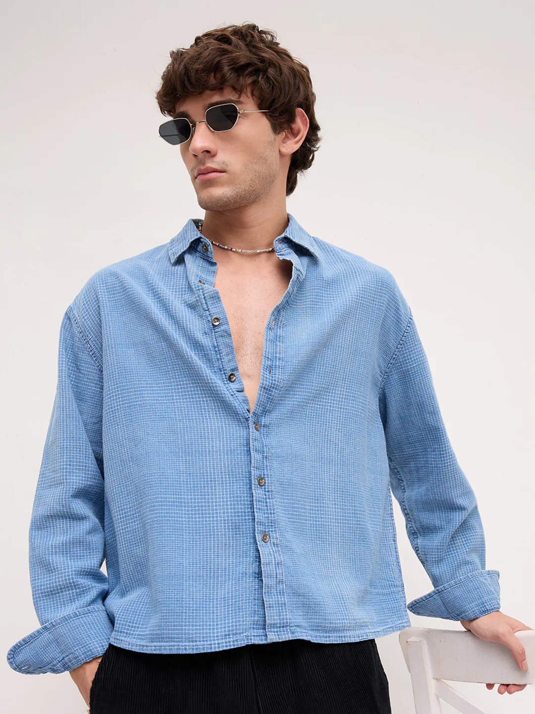 Premium Denim Fine Box Checks Boxy Fit Crop Shirt