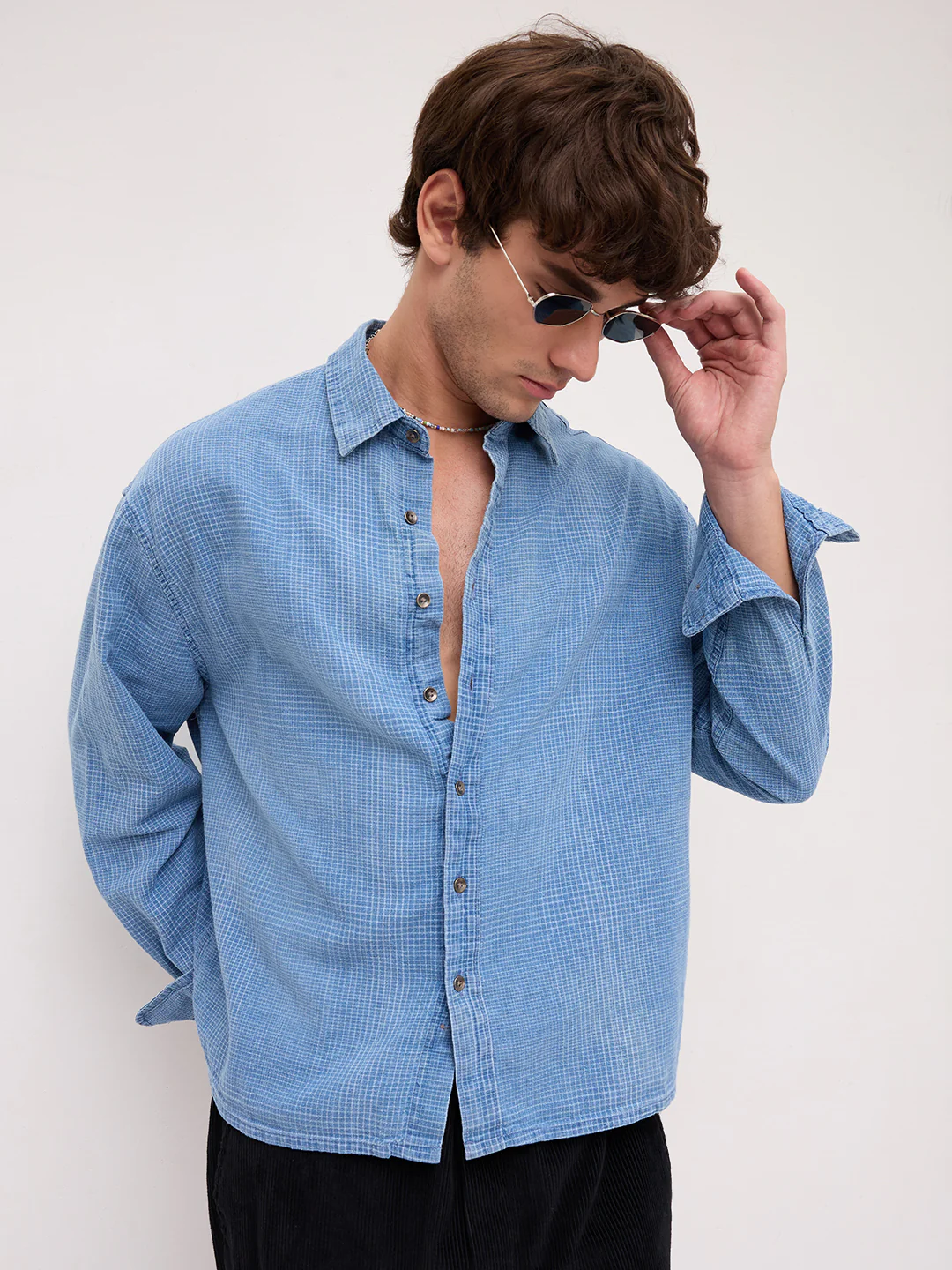 Premium Denim Fine Box Checks Boxy Fit Crop Shirt - Image 2