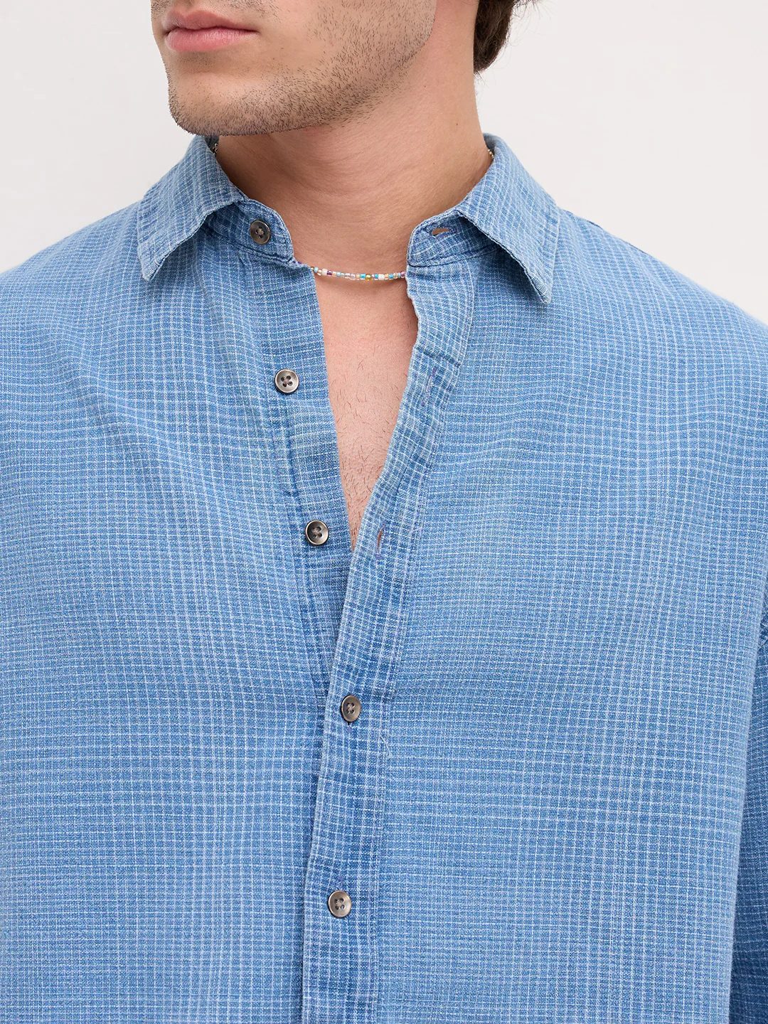 Premium Denim Fine Box Checks Boxy Fit Crop Shirt - Image 3