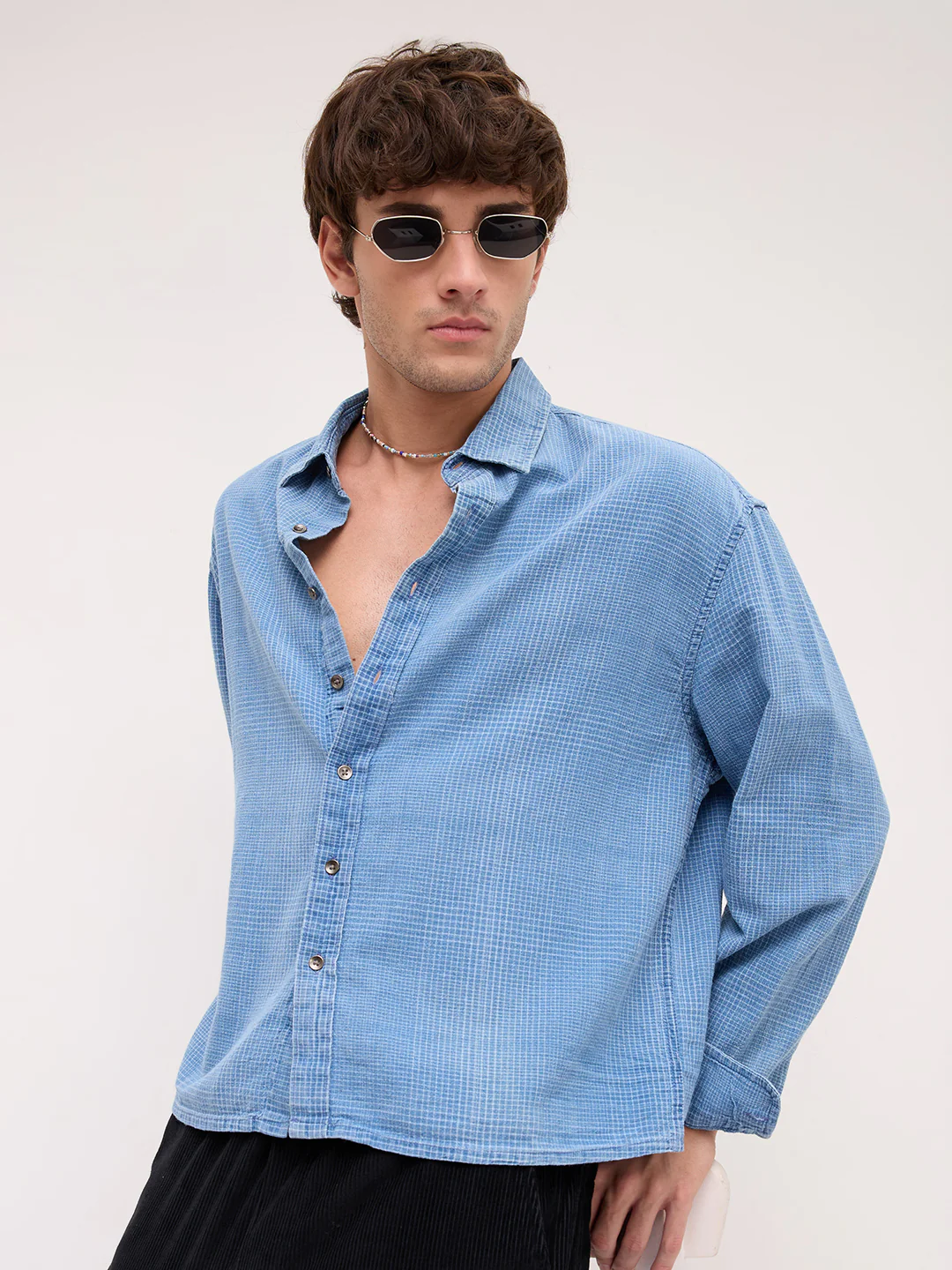 Premium Denim Fine Box Checks Boxy Fit Crop Shirt - Image 4