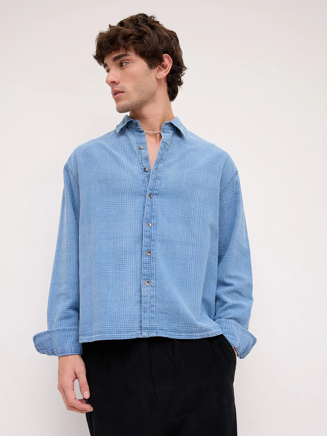 Premium Denim Fine Box Checks Boxy Fit Crop Shirt - Image 5
