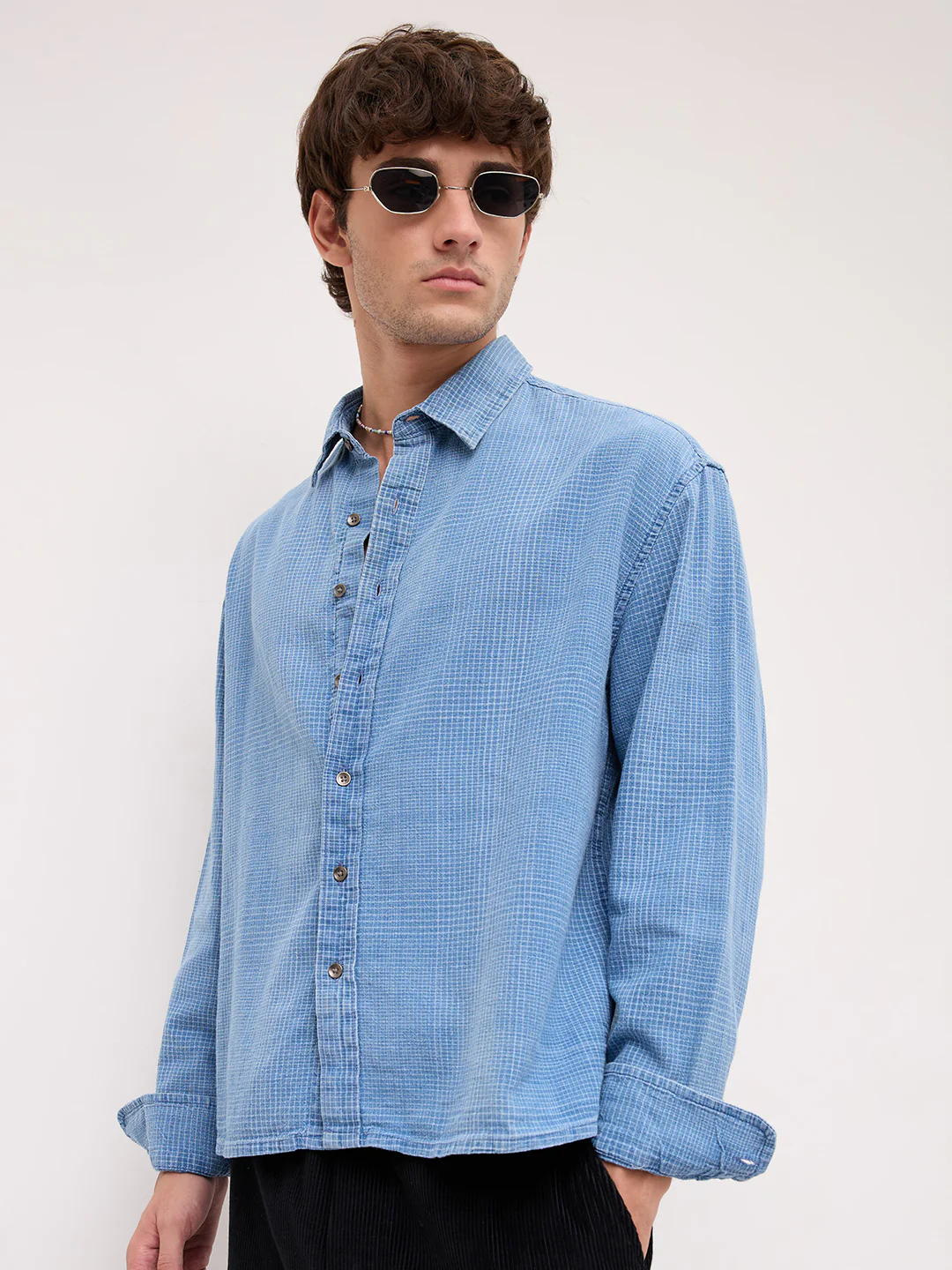 Premium Denim Fine Box Checks Boxy Fit Crop Shirt - Image 6
