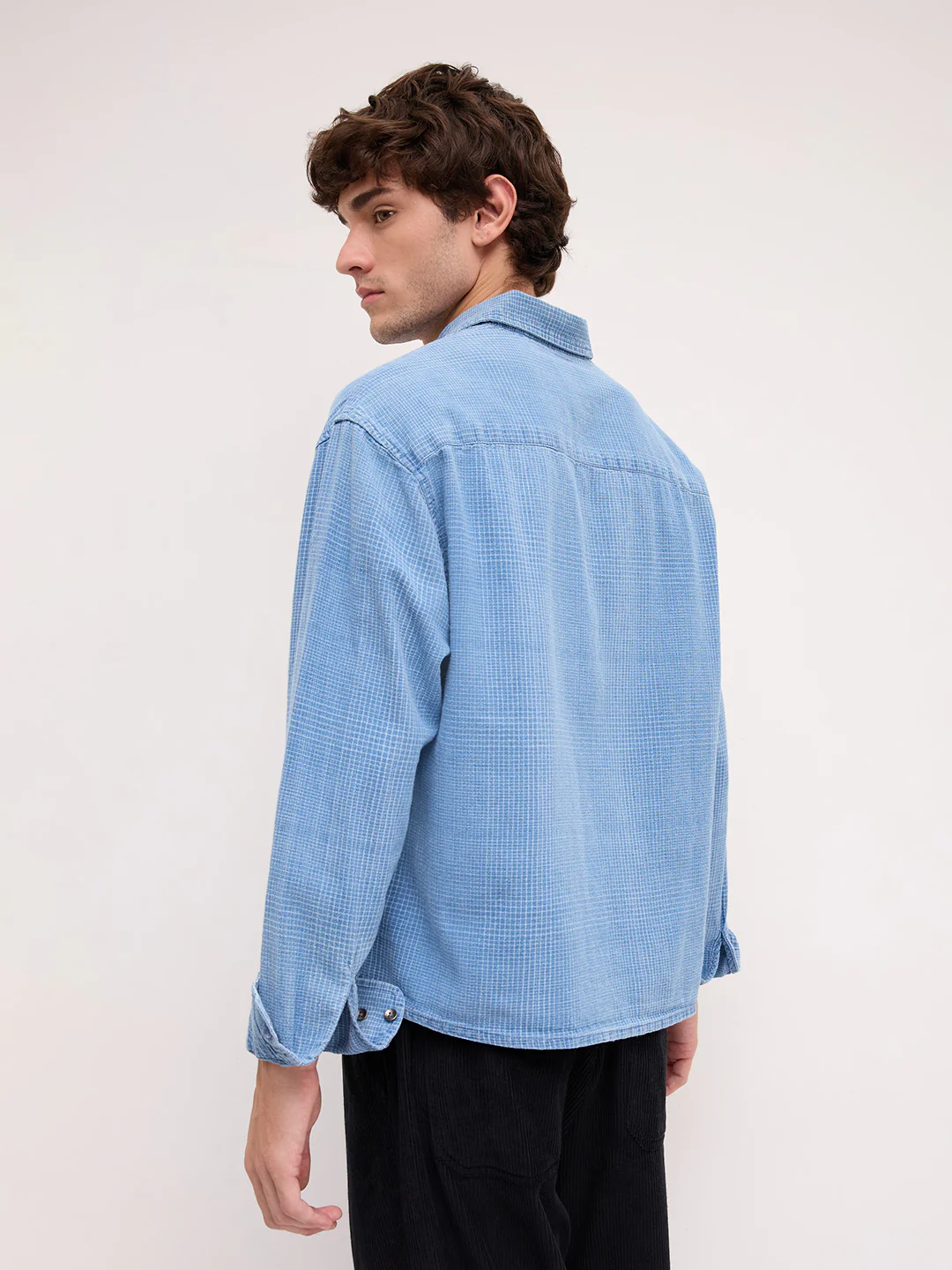 Premium Denim Fine Box Checks Boxy Fit Crop Shirt - Image 7