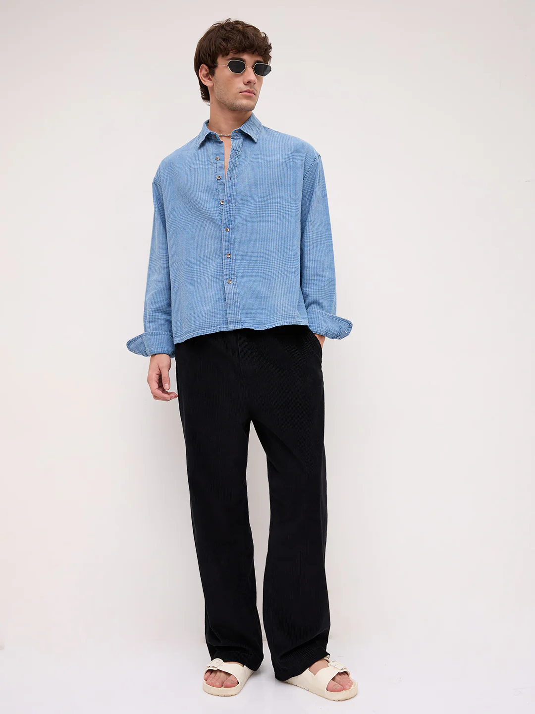 Premium Denim Fine Box Checks Boxy Fit Crop Shirt - Image 8