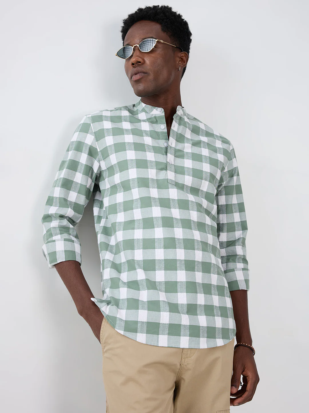 Premium Dusty Seafoam Green Textured Checks Kurta