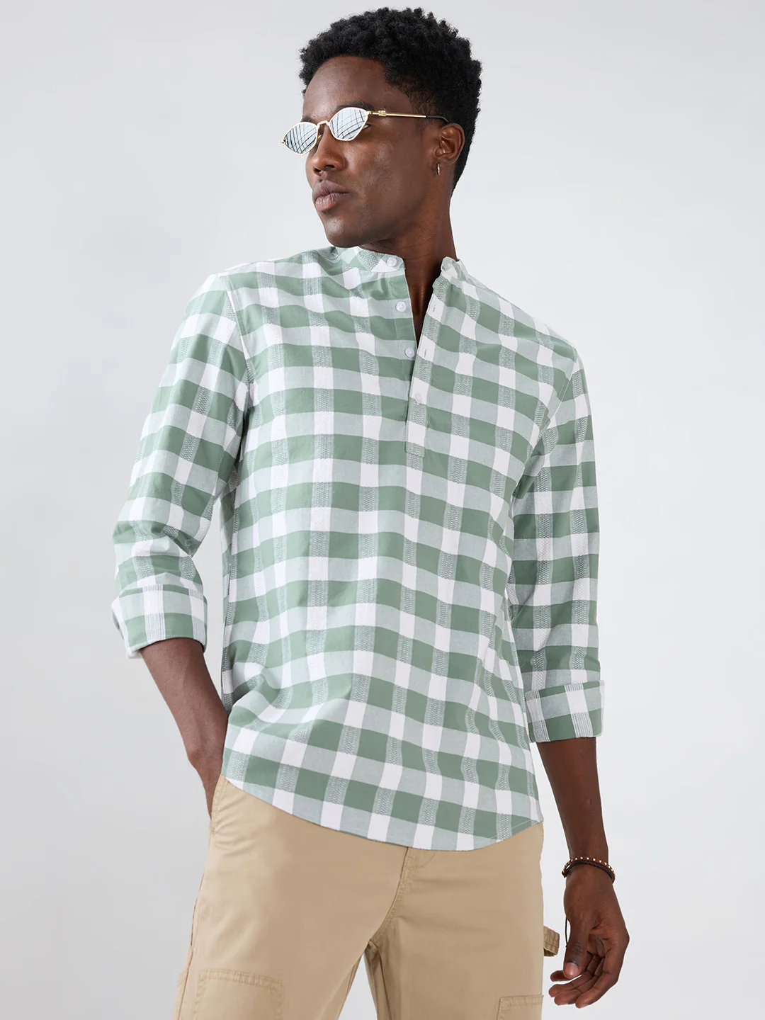 Premium Dusty Seafoam Green Textured Checks Kurta - Image 4