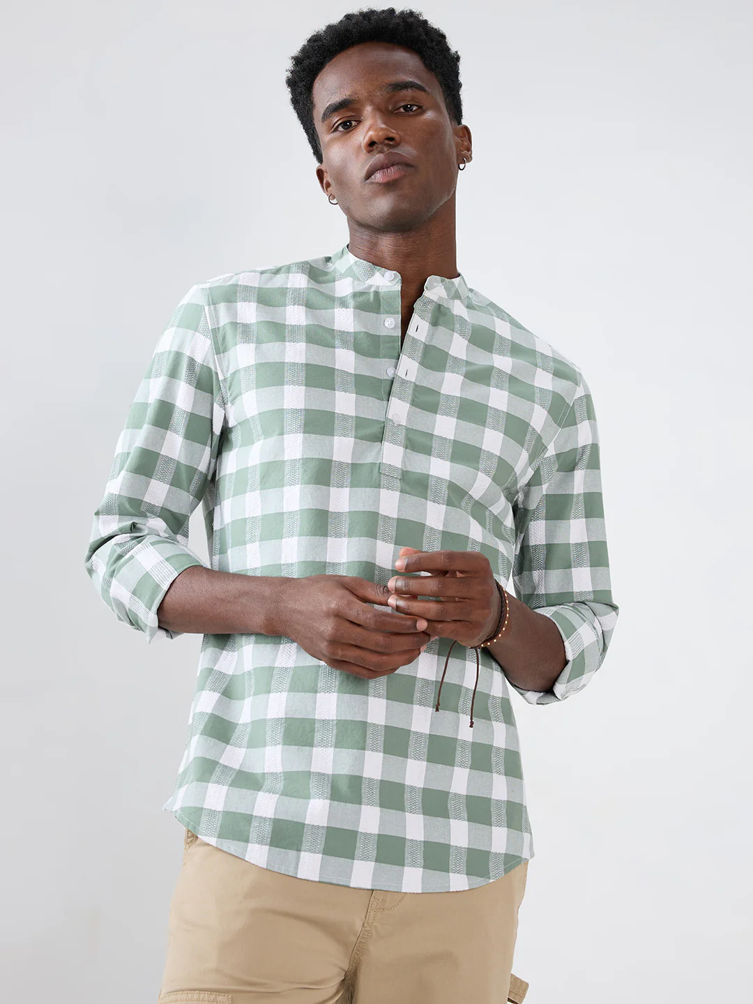 Premium Dusty Seafoam Green Textured Checks Kurta - Image 5