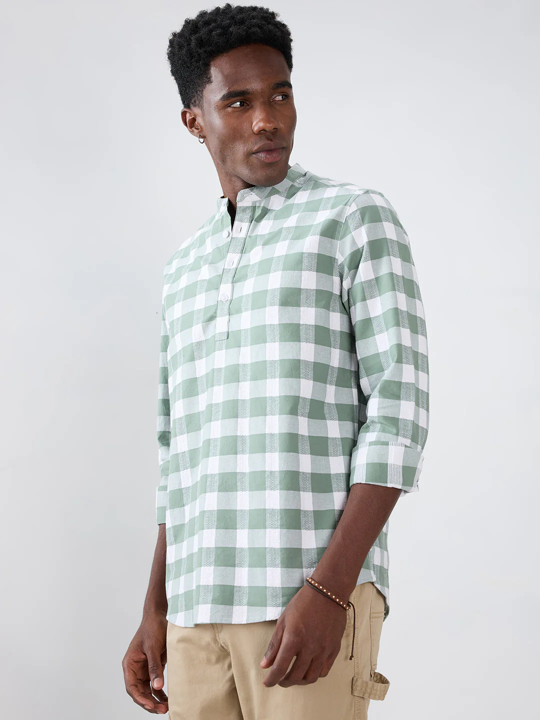 Premium Dusty Seafoam Green Textured Checks Kurta - Image 6