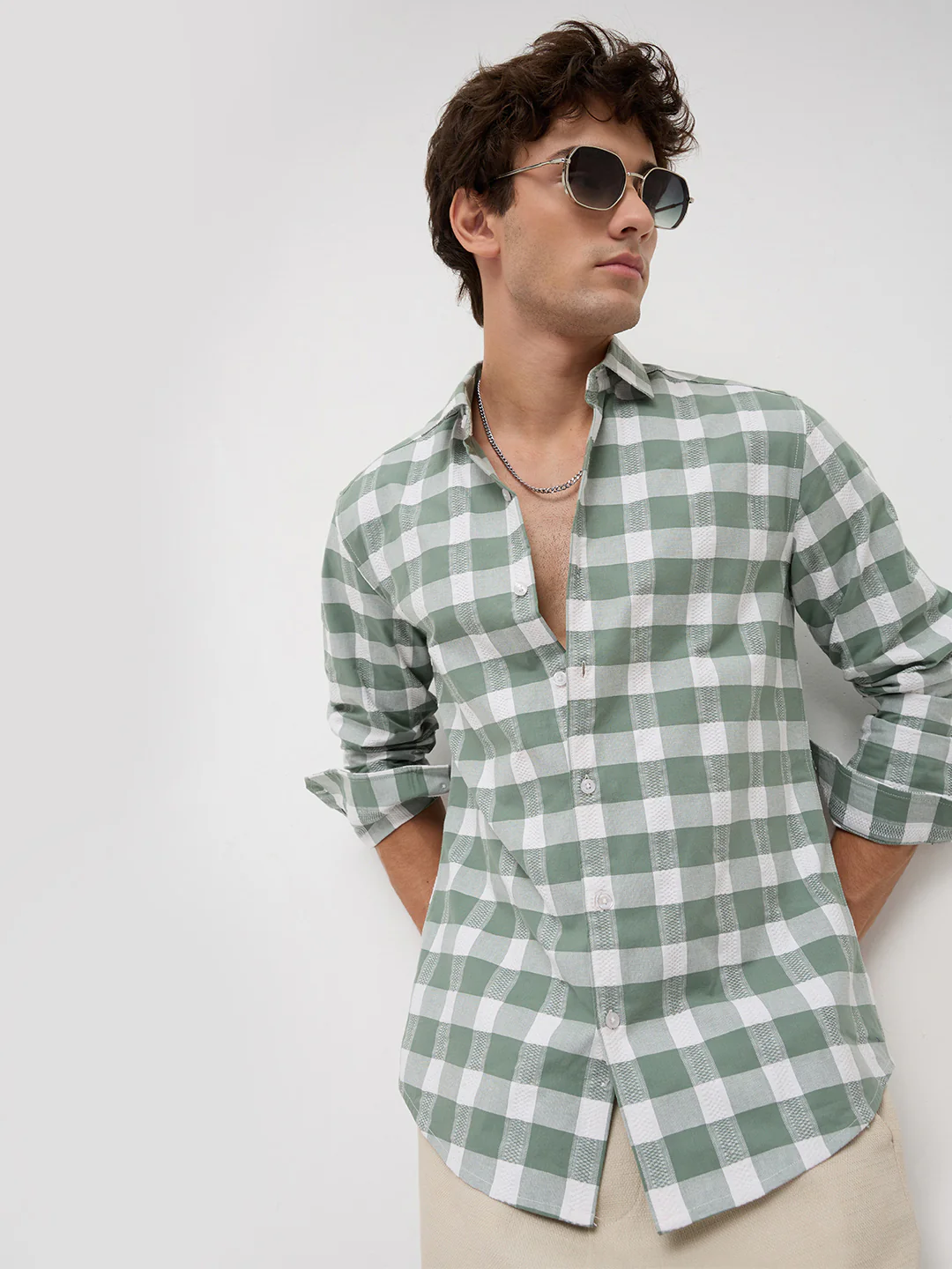 Premium Dusty Seafoam Green Jacquard Checks Shirt - Image 2