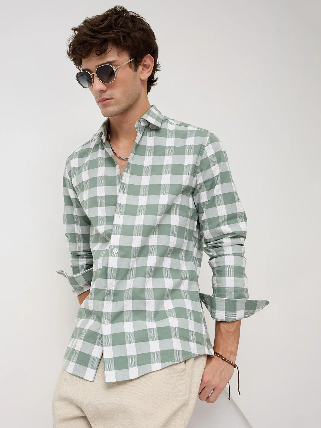 Premium Dusty Seafoam Green Jacquard Checks Shirt - Image 4