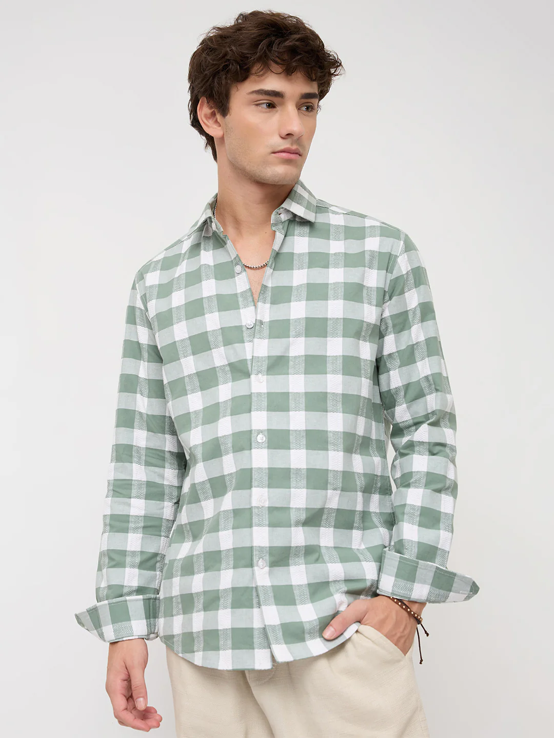 Premium Dusty Seafoam Green Jacquard Checks Shirt - Image 5
