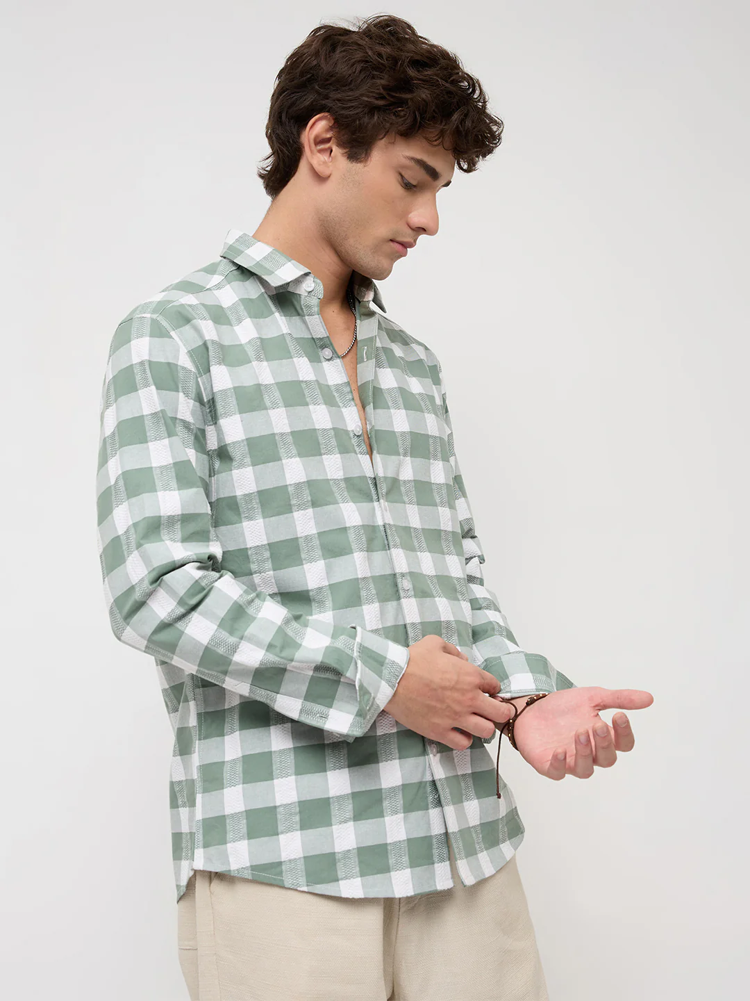 Premium Dusty Seafoam Green Jacquard Checks Shirt - Image 6