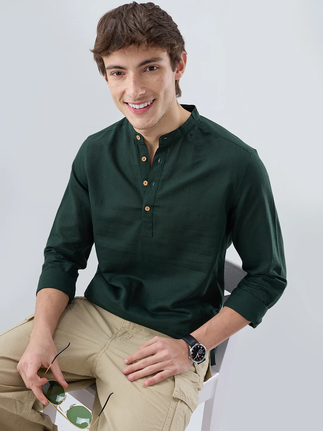 Premium Forest Green Linen Blend Kurta - Image 2