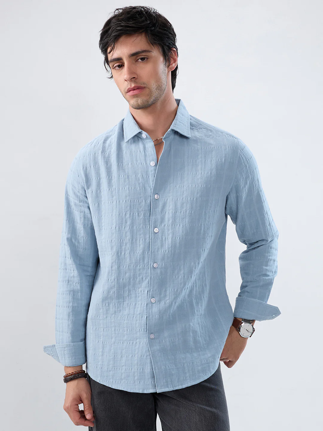 Premium Ice Mist Grid Seersucker Double Cloth Shirt - Image 5