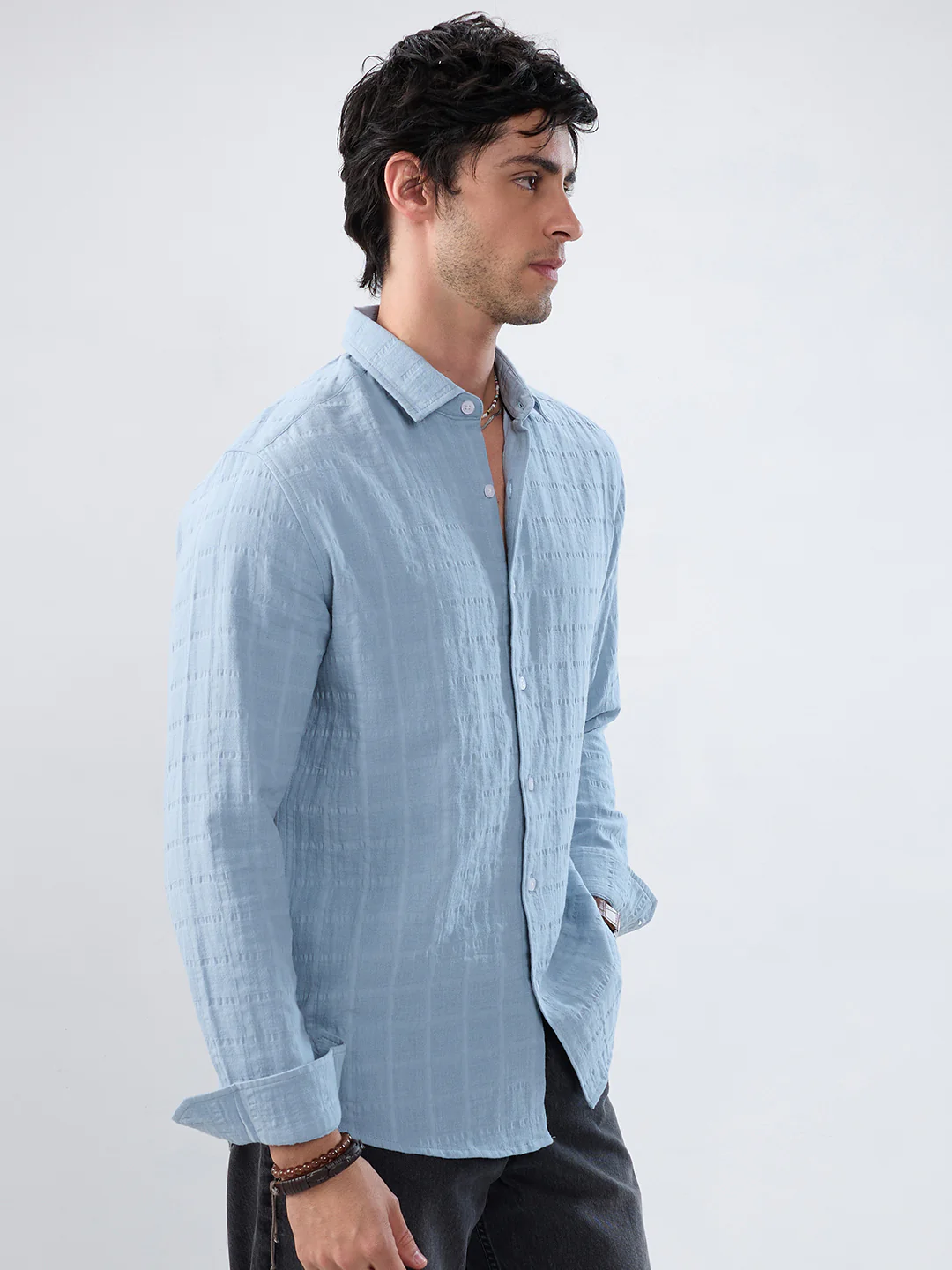 Premium Ice Mist Grid Seersucker Double Cloth Shirt - Image 6