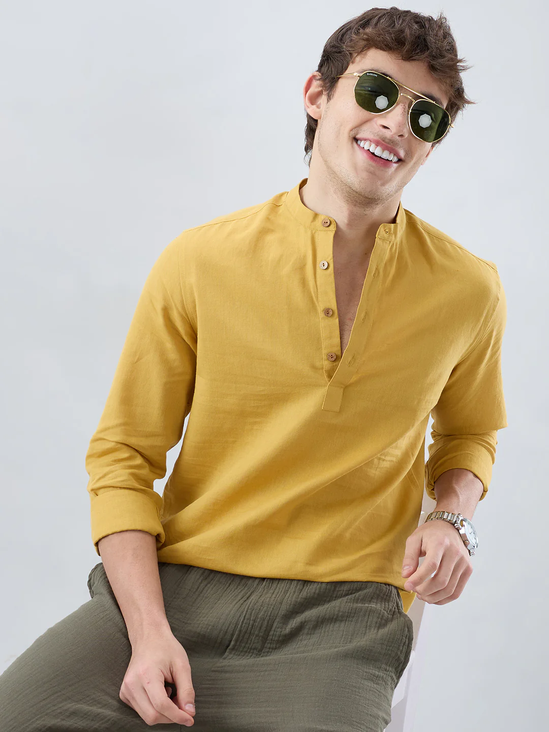 Premium Mustard Yellow Linen Blend Kurta - Image 4