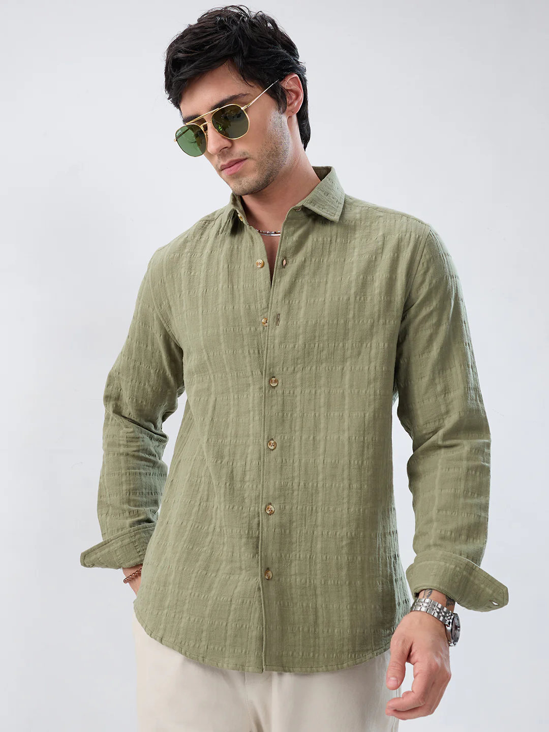 Premium Olive Grid Emboss Double Cloth Textured Shirt - Image 2