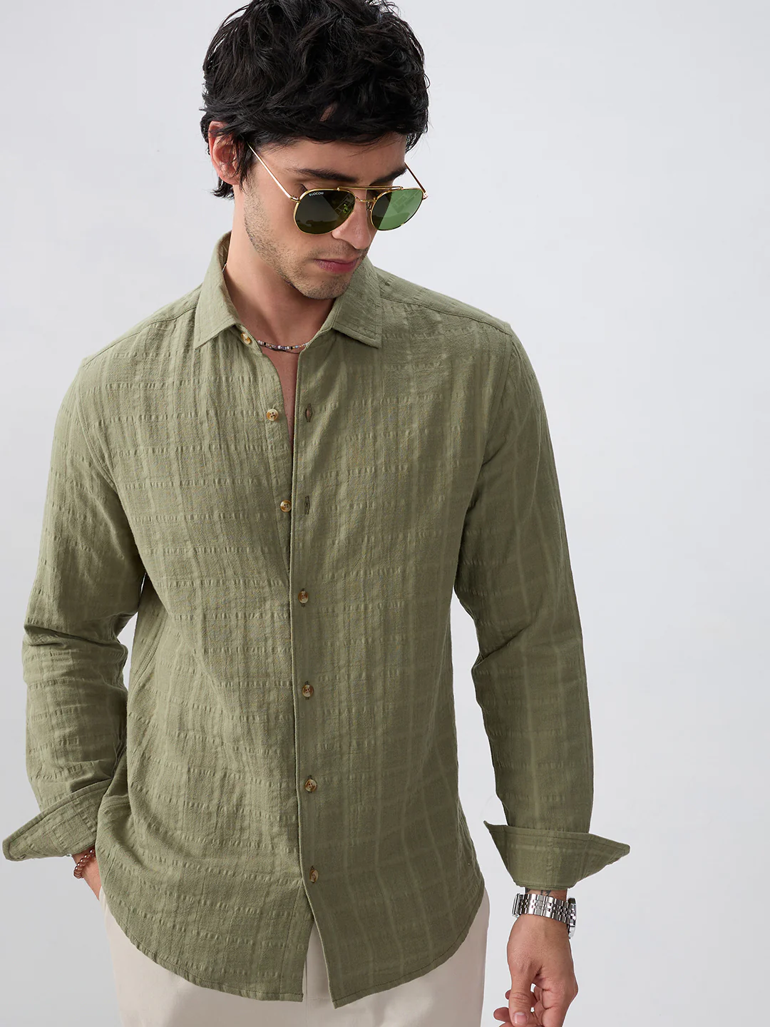 Premium Olive Grid Emboss Double Cloth Textured Shirt - Image 4