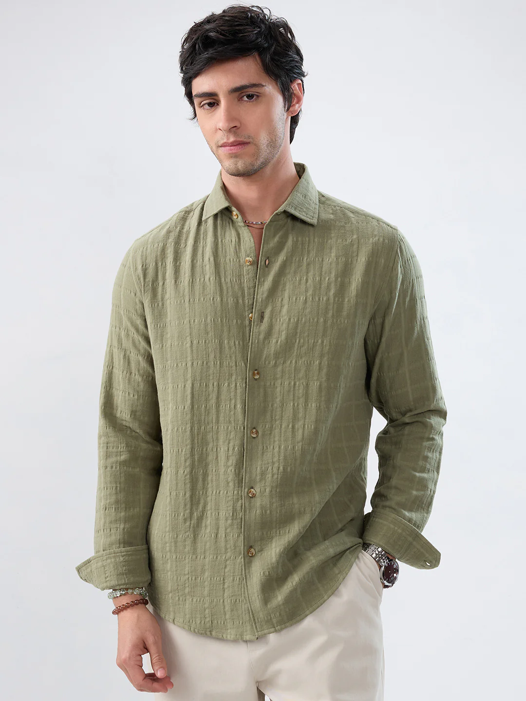 Premium Olive Grid Emboss Double Cloth Textured Shirt - Image 5