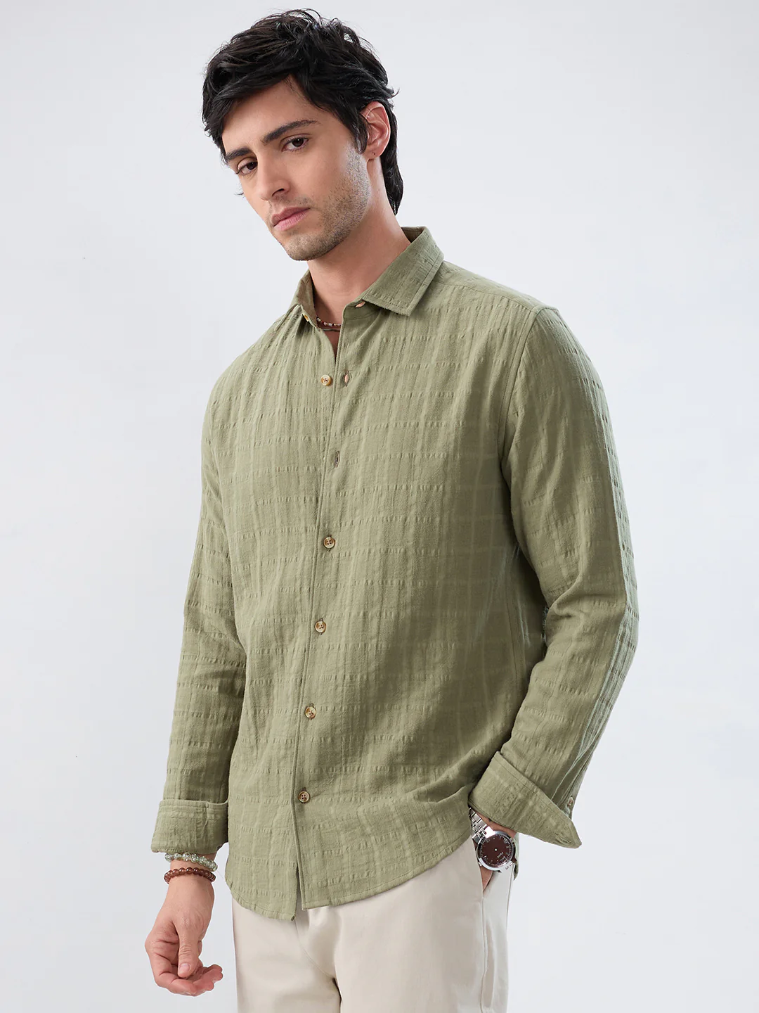 Premium Olive Grid Emboss Double Cloth Textured Shirt - Image 6