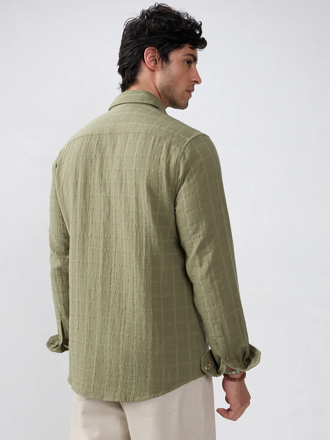 Premium Olive Grid Emboss Double Cloth Textured Shirt - Image 7