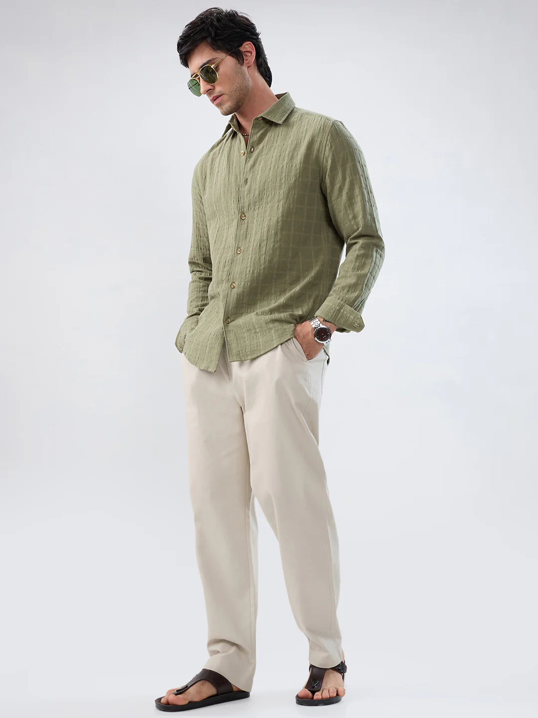 Premium Olive Grid Emboss Double Cloth Textured Shirt - Image 8