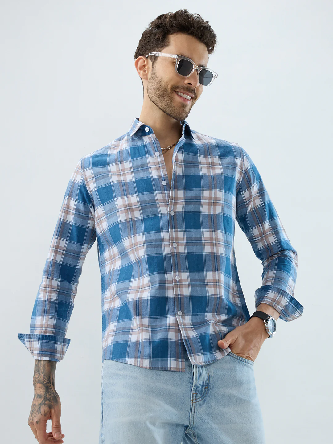 Premium Powder Blue Plaid Checks Denim Textured Shirt - Image 2