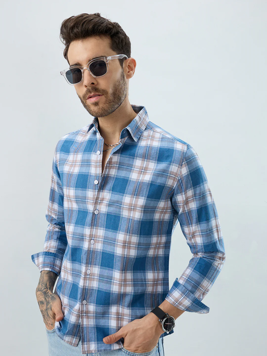 Premium Powder Blue Plaid Checks Denim Textured Shirt - Image 4